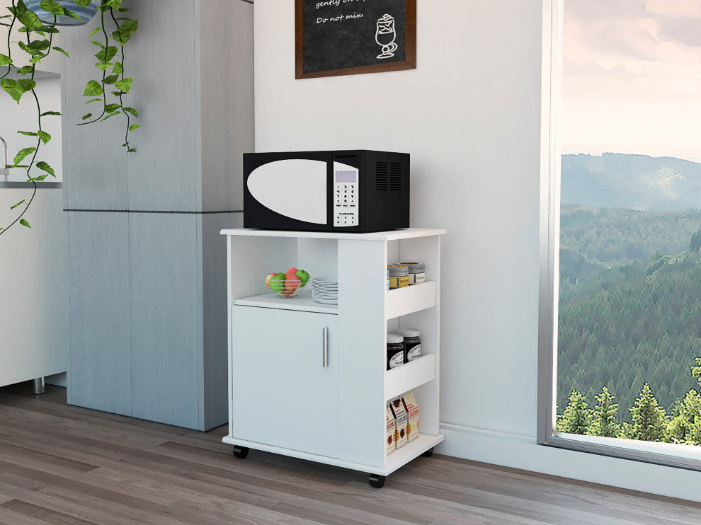 Clayton Microwave Cabinet with 3 Open Shelves, Cabinet, and Caster Wheels, White