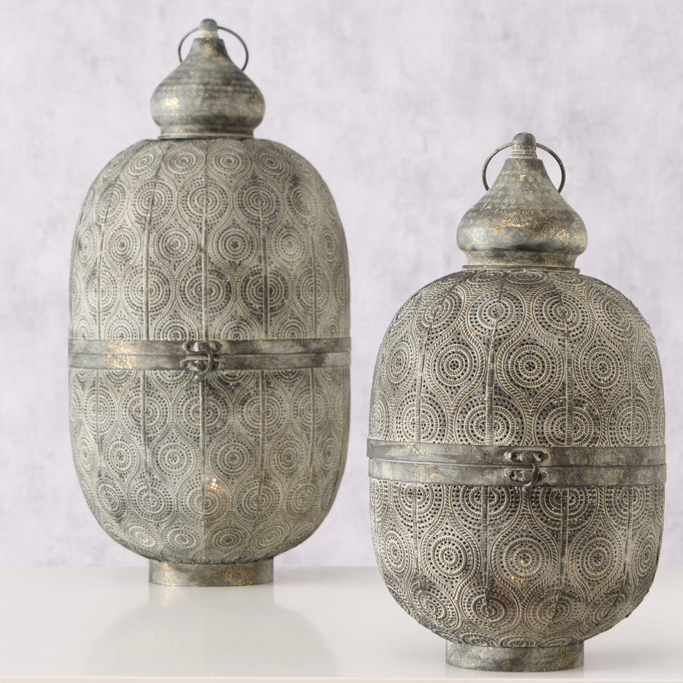 2 Piece Moroccan Metal Lacy Lattice Lantern Set