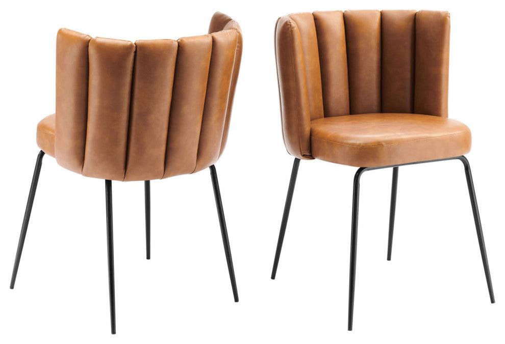 Dining Chair, Set of 2, Tan Black, Vegan Leather, Modern Bistro Hospitality