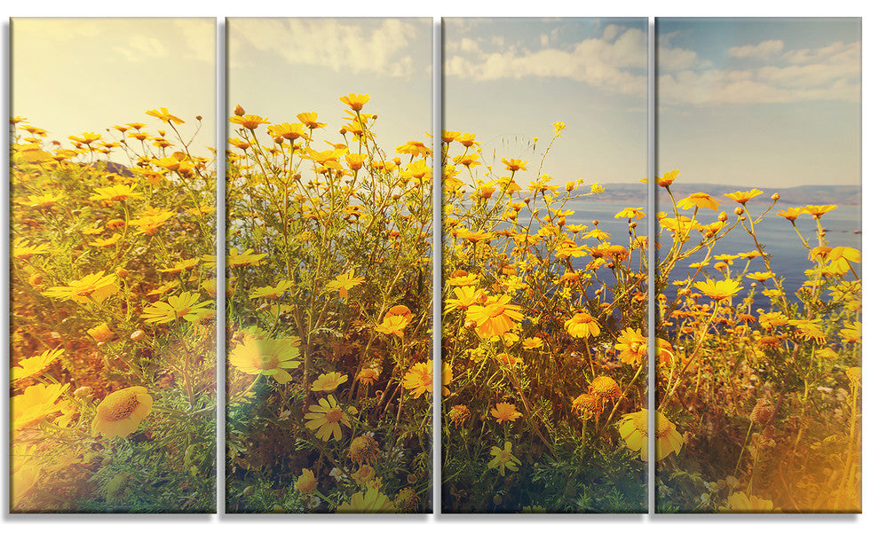 Wild Yellow Flowers Meadow, Floral Canvas Art Print, 48"x28", 4 Panels