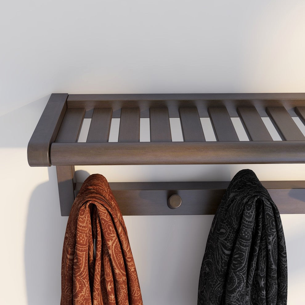 Abingdon Solid Birch Wood Large Peg Rack With Shelf, Espresso
