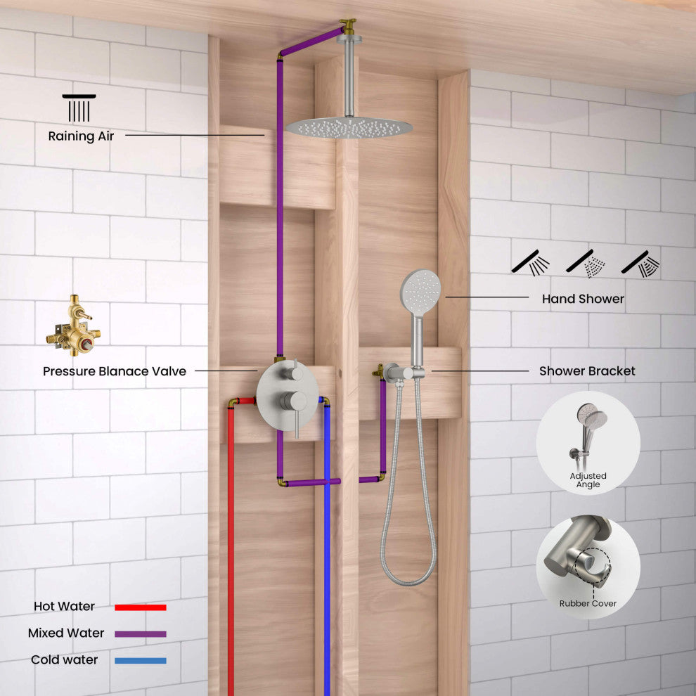 Ceiling Mounted 2-Function Shower System, Rough, Valve, Brushed Nickel