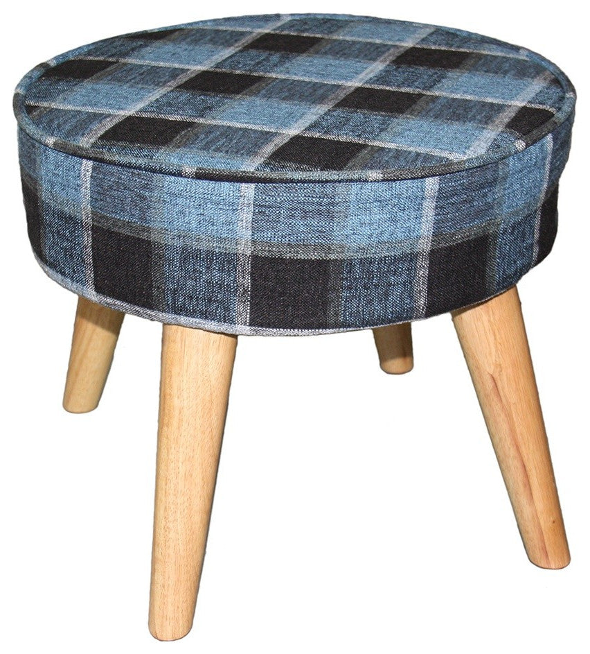 Useful Blue Gray Black Plaid Traditional Foot Stool
