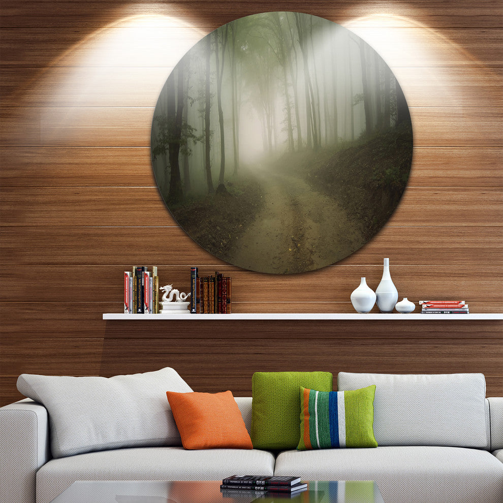 Dark Fall Forest Road In Morning, Landscape Disc Metal Wall Art, 38"