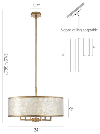 GetLedel 24" 6-Light Capiz Shell Drum Chandelier, Distressed Gold