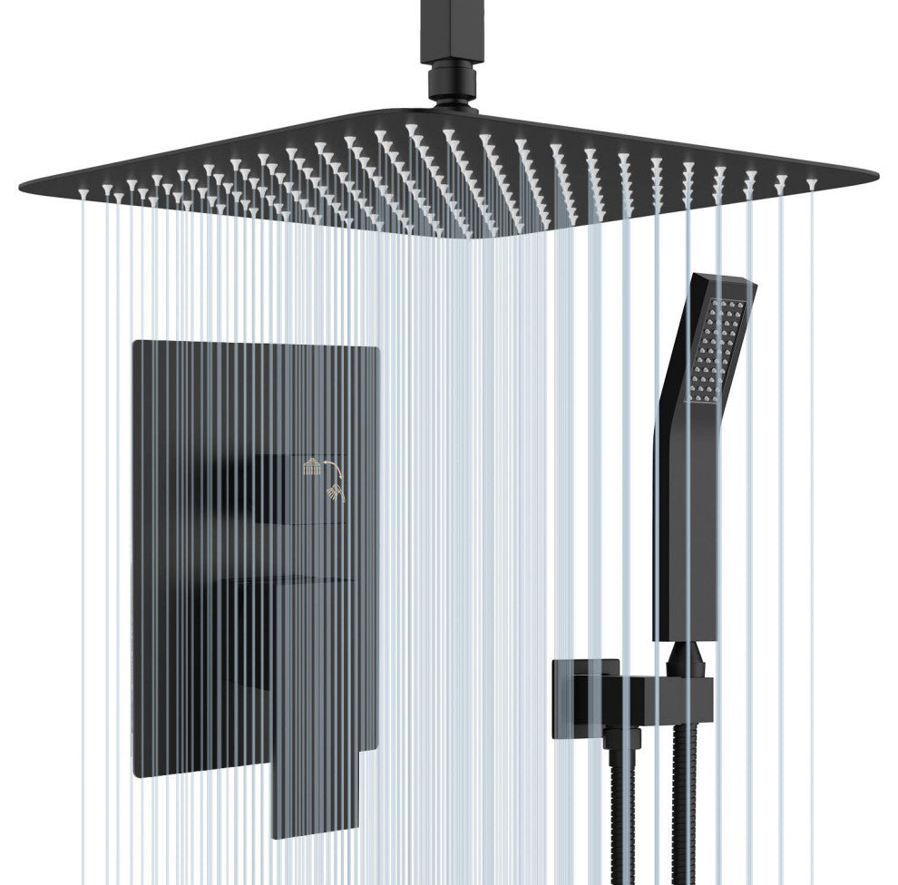 Ceiling Mounted Shower System Set With 16" Rain Shower Head, Matte Black