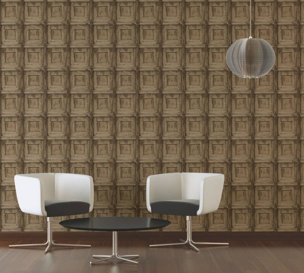 Loft Nature Textured Wallpaper, Wooden Door Boxes, Beige Light Brown, One Roll