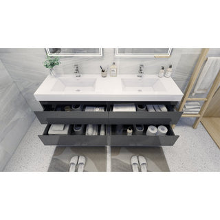72" Double Sink Wall Mount Vanity, Reinforced Acrylic Sink, High Gloss Gray