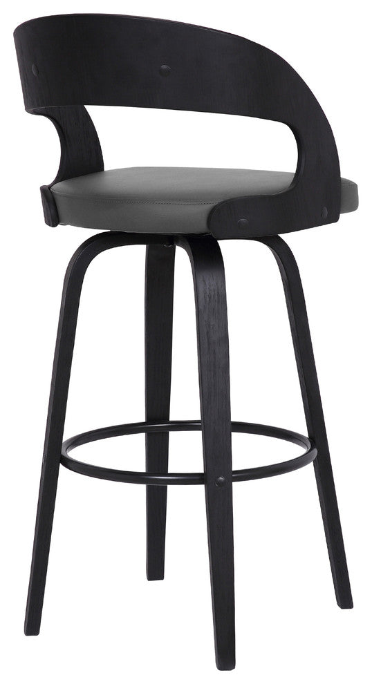 Leaver 26" Swivel Counter Stool, Black Brush Wood Finish and Gray Faux Leather