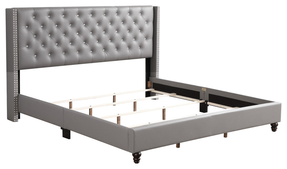 Mina Upholstered Faux Leather Bed, Gray, King