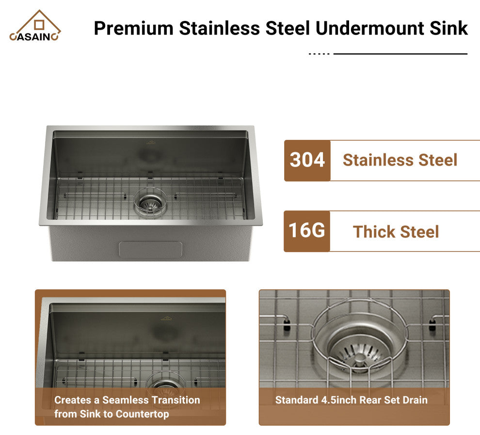 32in Single Bowl Undermount Workstation Kitchen Stainless Steel Sink with Faucet, Matte Black