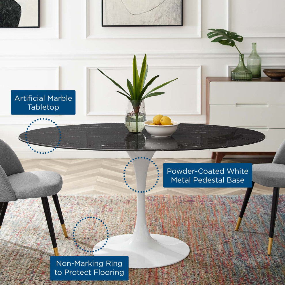 60" Dining Table, Round, Black White, Artificial Marble, Metal, Modern