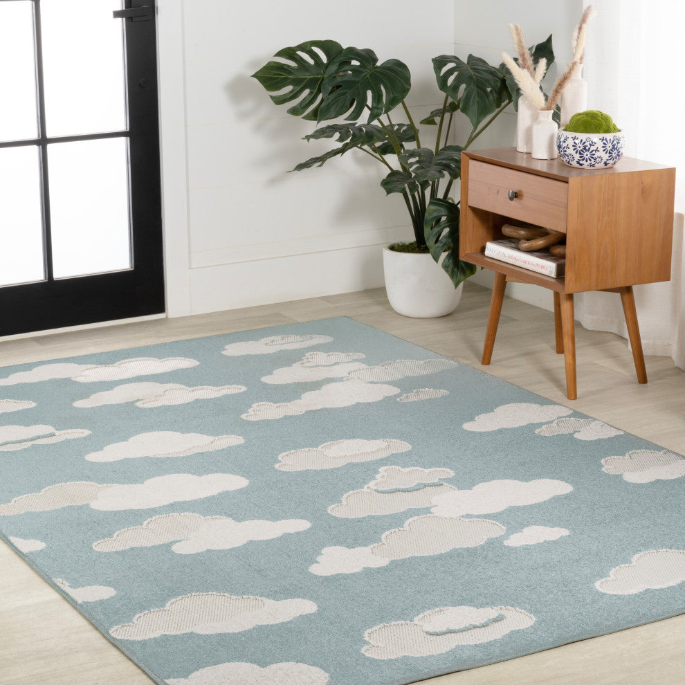 High-low Youth Cloud Scandi Rug Blue/Ivory 4 ft x 6 ft Indoor/Outdoor Area Rug
