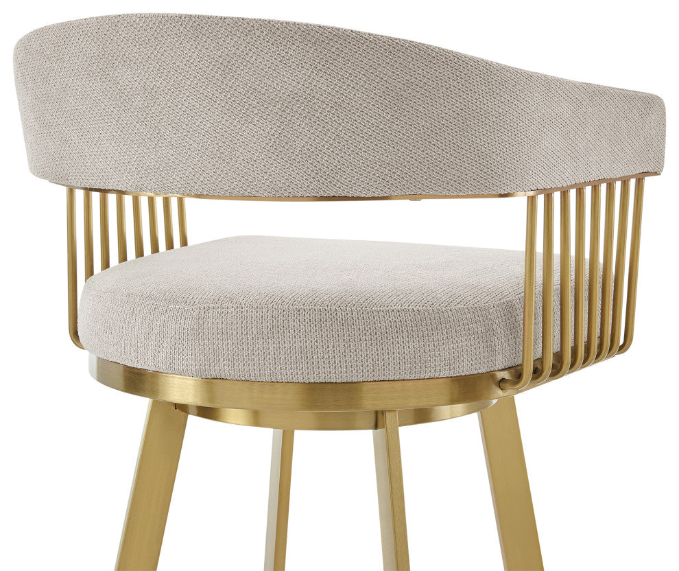 Chelsea Swivel Counter Stool, Gold Brushed Stainless Steel, Taupe Fabric, 26"