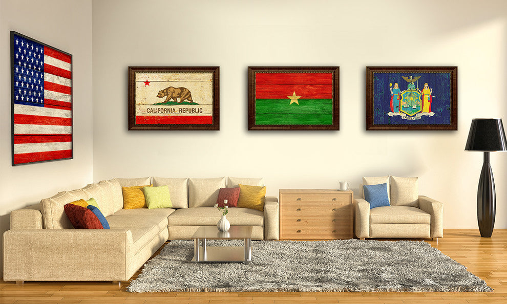 Burkina Faso Country Textured Flag Print With Brown Gold Frame, 19"X27"