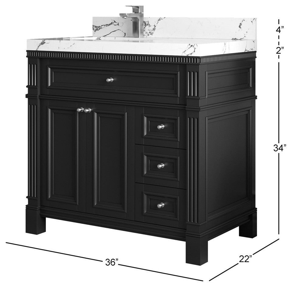 Paris 36" Left Offset Bathroom Vanity, White 2" Viola Night