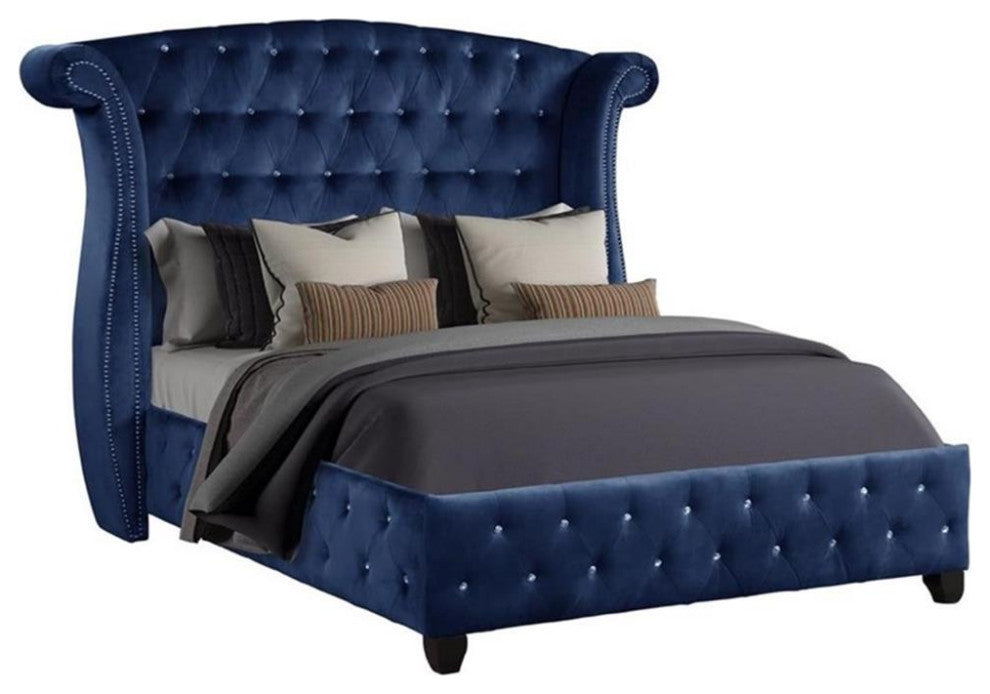Sophia Crystal Tufted Upholstery Queen Size Bed finished with Wood in Blue