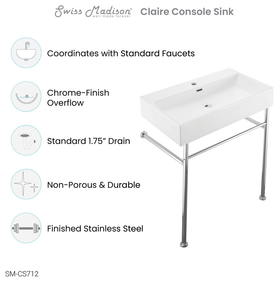 Claire 30" Ceramic Console Sink White Basin Chrome Legs