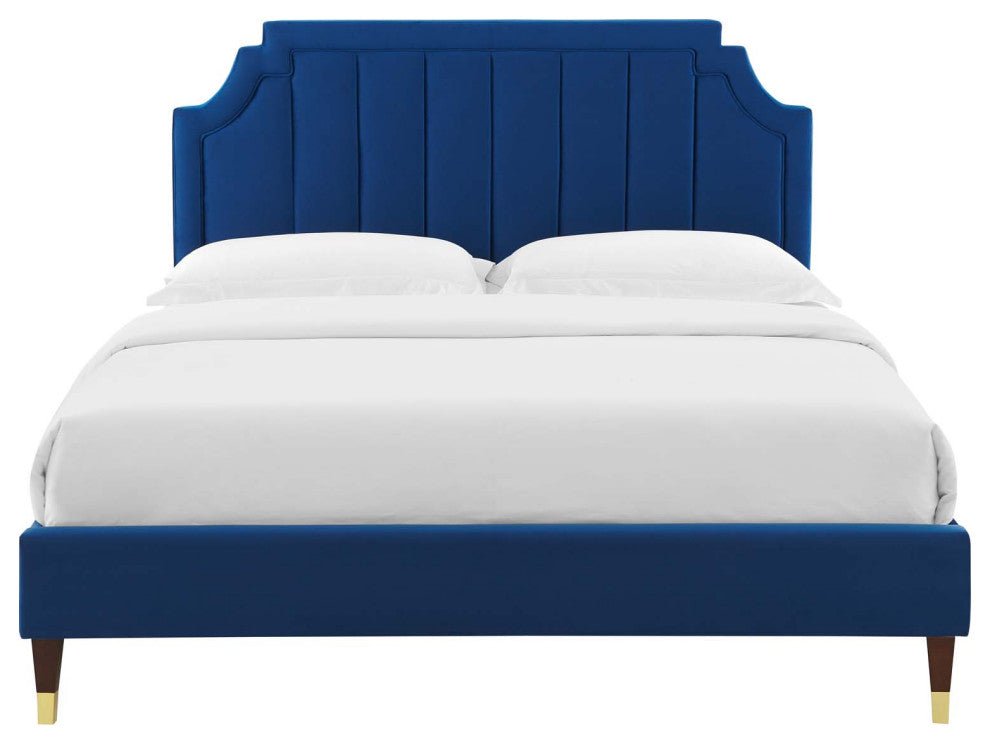 Platform Bed Frame, King Size, Velvet, Blue Navy, Modern Contemporary, Bedroom