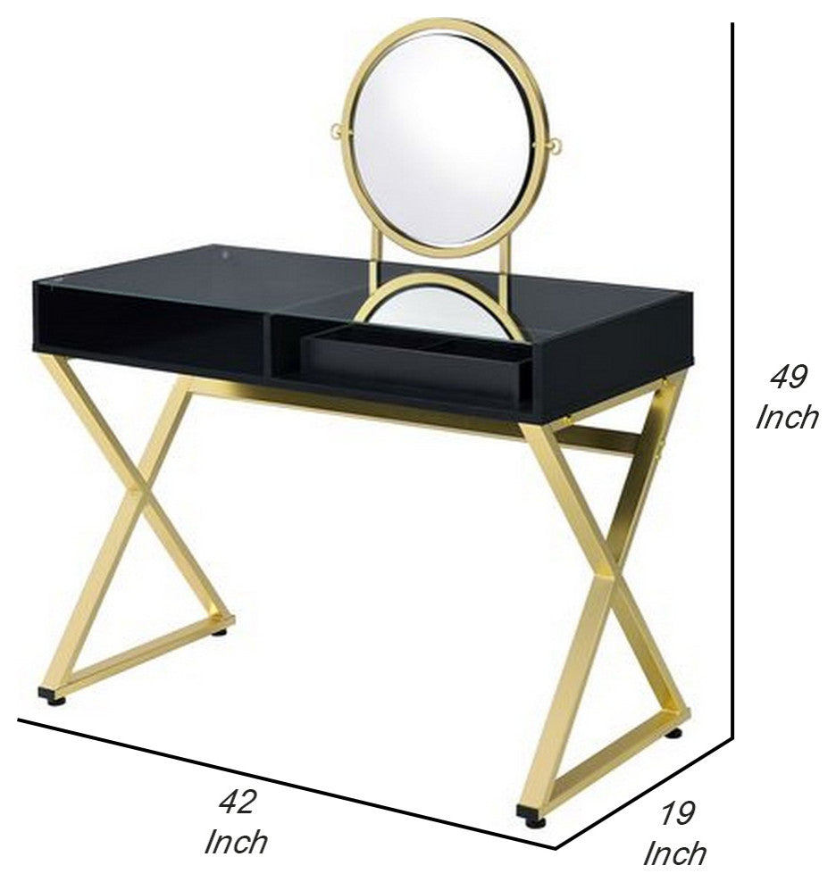 Benzara BM251243 Vanity Desk With Round Mirror & Cross Metal Legs, Black/Gold