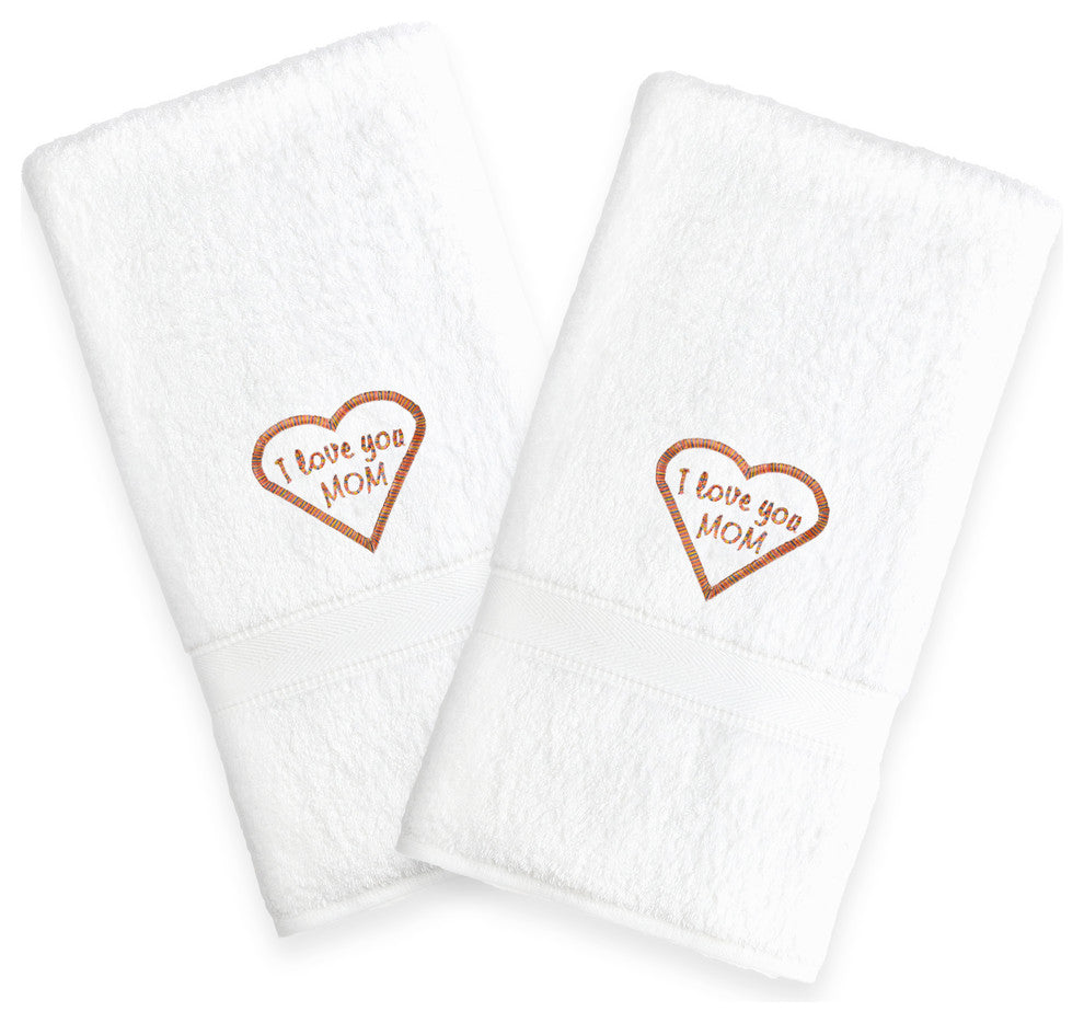 "I Love You Mom" Embroidered White Hand Towels, Melange, Set of 2