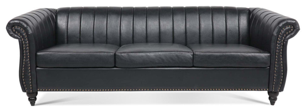 83" Faux leather Rolled Arm Sofa with Nailhead Trim, Black, 83'' X 33''