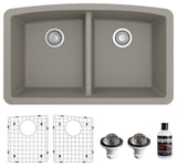 Karran Undermount Quartz 32" 50/50 Double Bowl Kitchen Sink Kit, Concrete