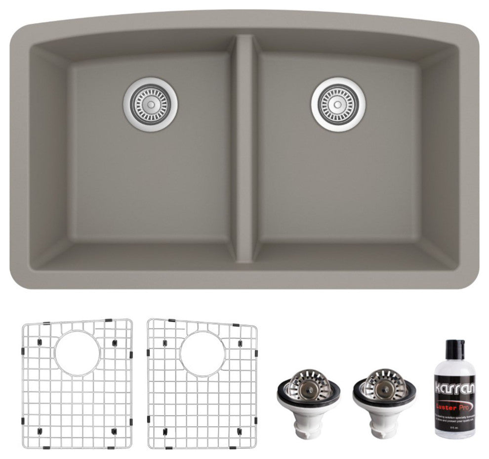 Karran Undermount Quartz 32" 50/50 Double Bowl Kitchen Sink Kit, Concrete