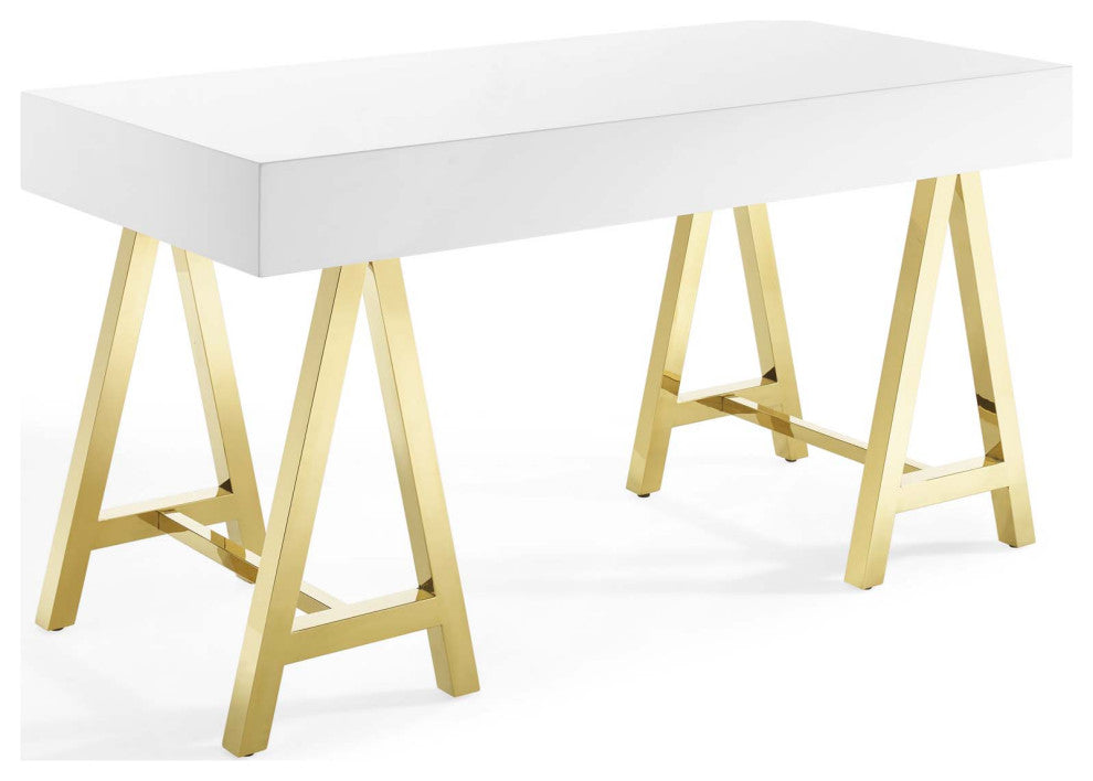 Computer Work Desk Entry Table, Wood, Metal, Gold White, Home Business Office