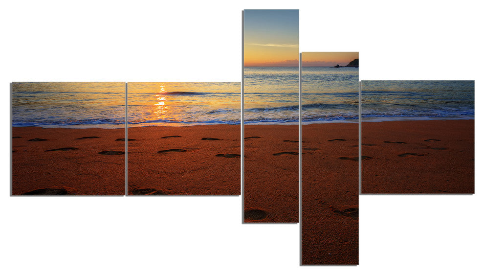 Foot printed Sandy Ocean Beach, Seashore Canvas Art Print, 60"x32", 5 panels