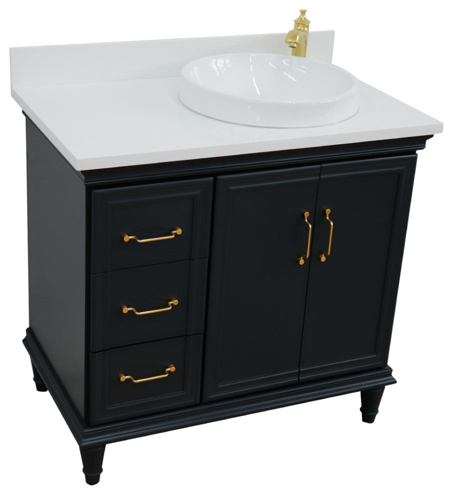 37" Single Vanity, Dark Gray Finish With White Engineered Stone Top