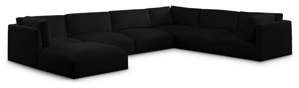 Ease Polyester Upholstered U-Shaped Modular Sectional, Black, 6 Piece: 3 Corner, 3 Armless, 1 Ottoman