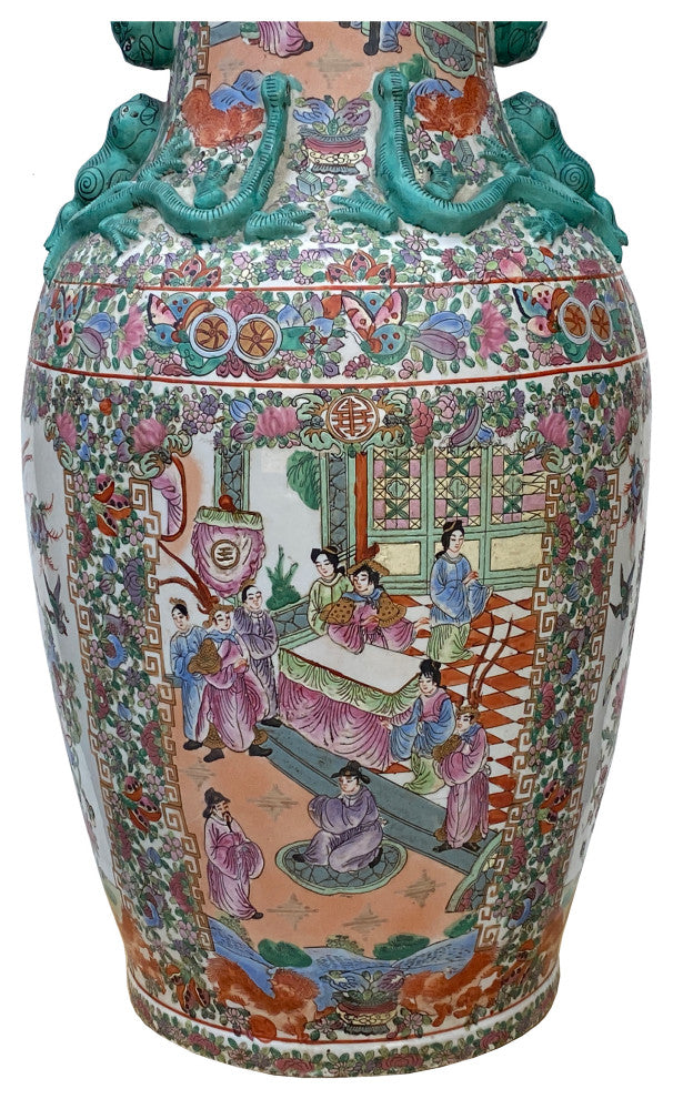 Chinese Hand Made Pink Turquoise House People Scenery Graphic Vase Hws2168