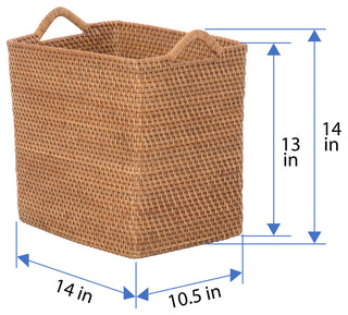 Loma Rectangular Tall Decorative Rattan Storage Basket with Ear Handles, Small, Honey Brown