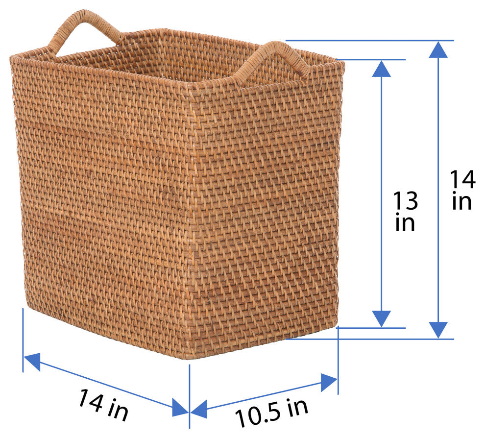 Loma Rectangular Tall Decorative Rattan Storage Basket with Ear Handles, Small, Honey Brown