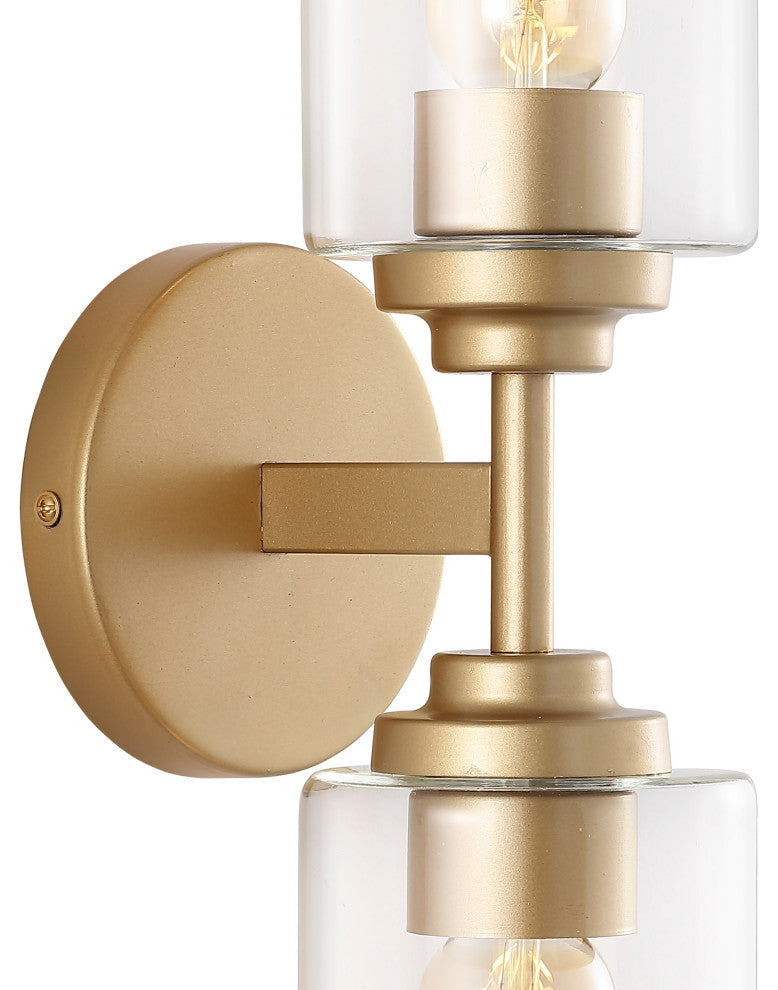 Giles 16" 2-Light Farmhouse Industrial Cylinder LED Vanity, Brass Gold/Clear