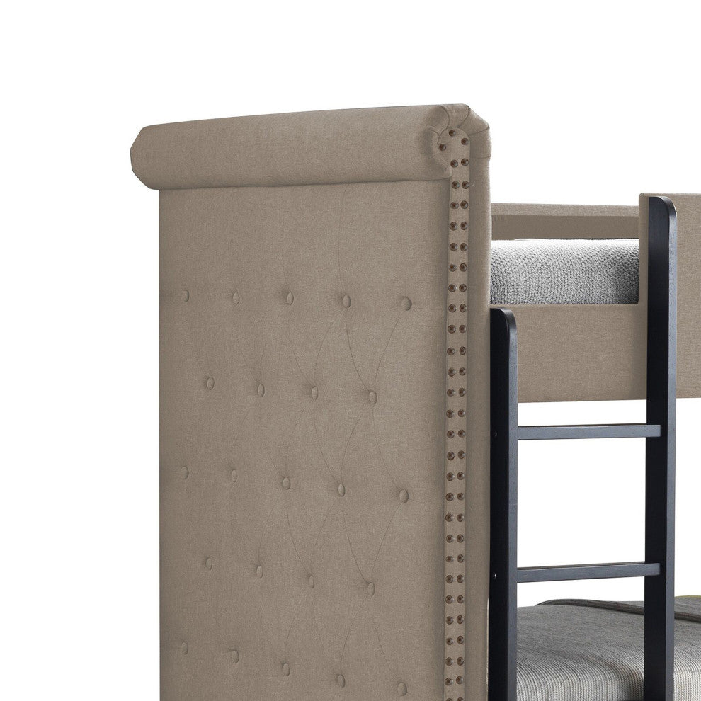 Benzara BM214899 Twin Size Bunk Bed With Nailhead Trim, Beige/Black