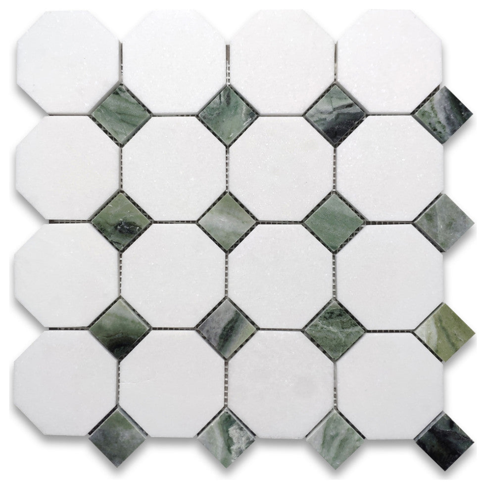 Thassos White Marble Octagon Mosaic Tile Sagano Green Dots Polished, 1 sheet