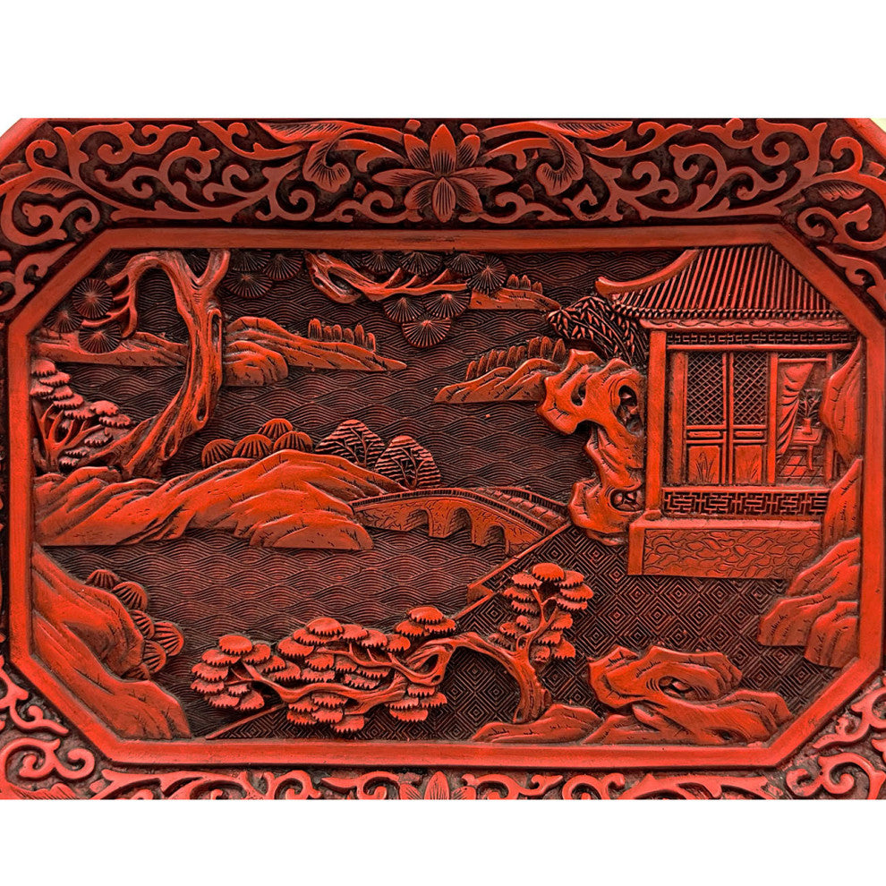 Consigned Mid-20th Century Chinese Hand Carved Cinnabar Lacquer Plate
