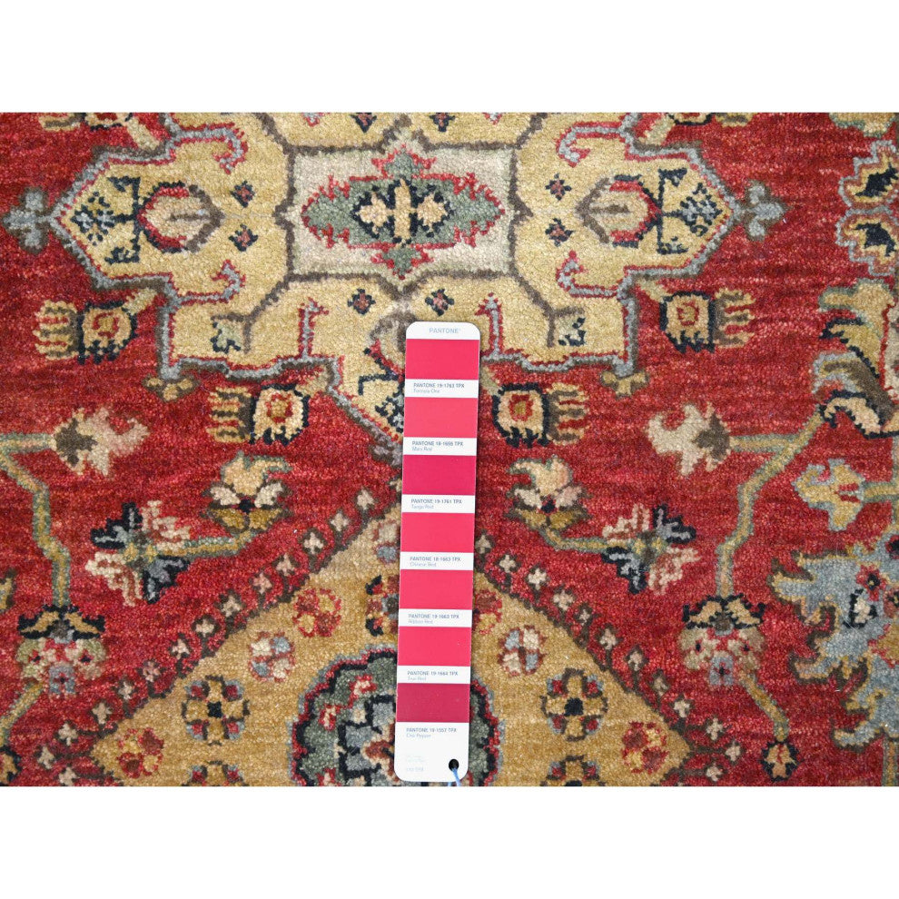 Red and Black Pure Wool Hand Knotted Karajeh Design Oriental Rug, 6'x8'9"