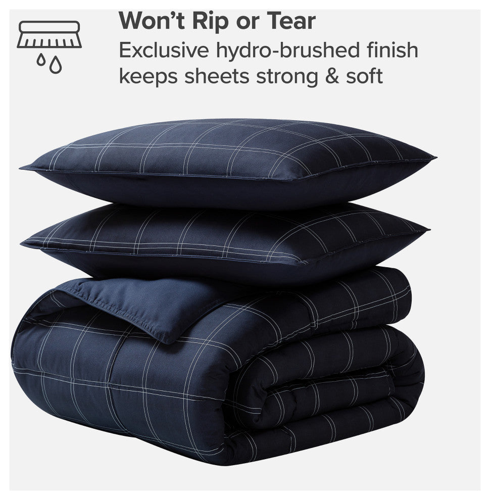 Bare Home Down Alternative Comforter Set, Dark Blue - Modern Plaid, Queen