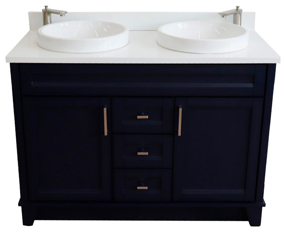 48" Double Sink Vanity, Blue Finish With Engineered Stone Top And Round Sink