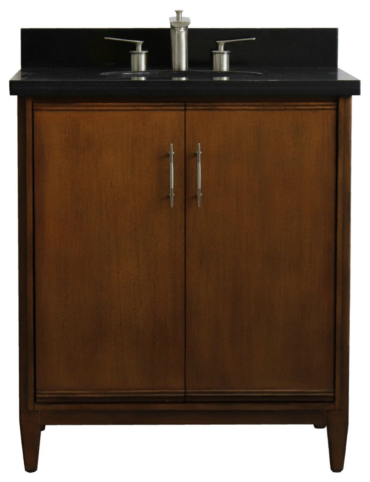 31" Single Sink Vanity, Walnut Finish, Black Galaxy Granite With Oval Sink