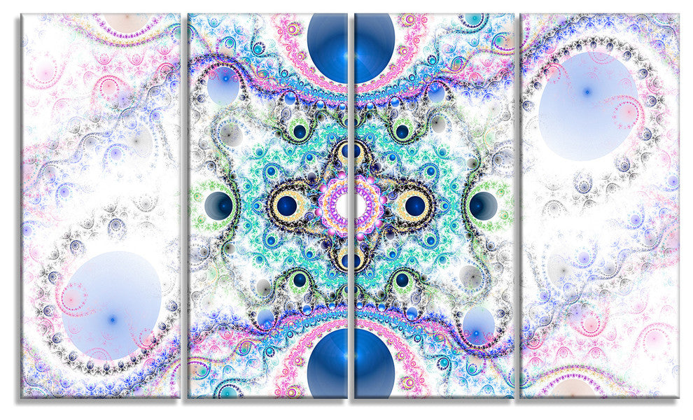 Cryptical Blue Fractal Pattern, Abstract Wall Art Canvas, 48"x28", 4 Panels