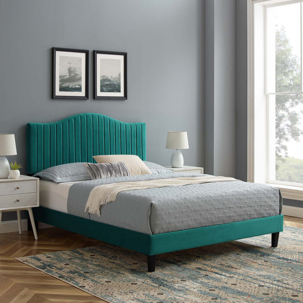 Juniper Channel Tufted Performance Velvet Full Platform Bed, Teal