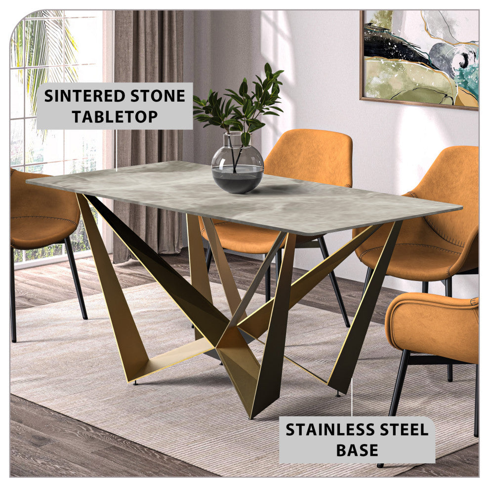 LeisureMod Nuvor Dining Table With Rectangular Top and Gold Steel Base, Deep Gray, 55 Inch
