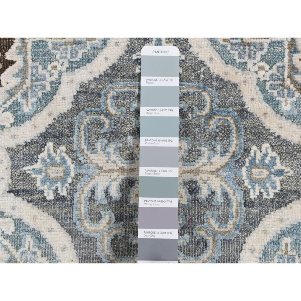 Gray Mughal Inspired Rosette Silk With Wool Hand Knotted Runner Rug 2'7"x9'10"