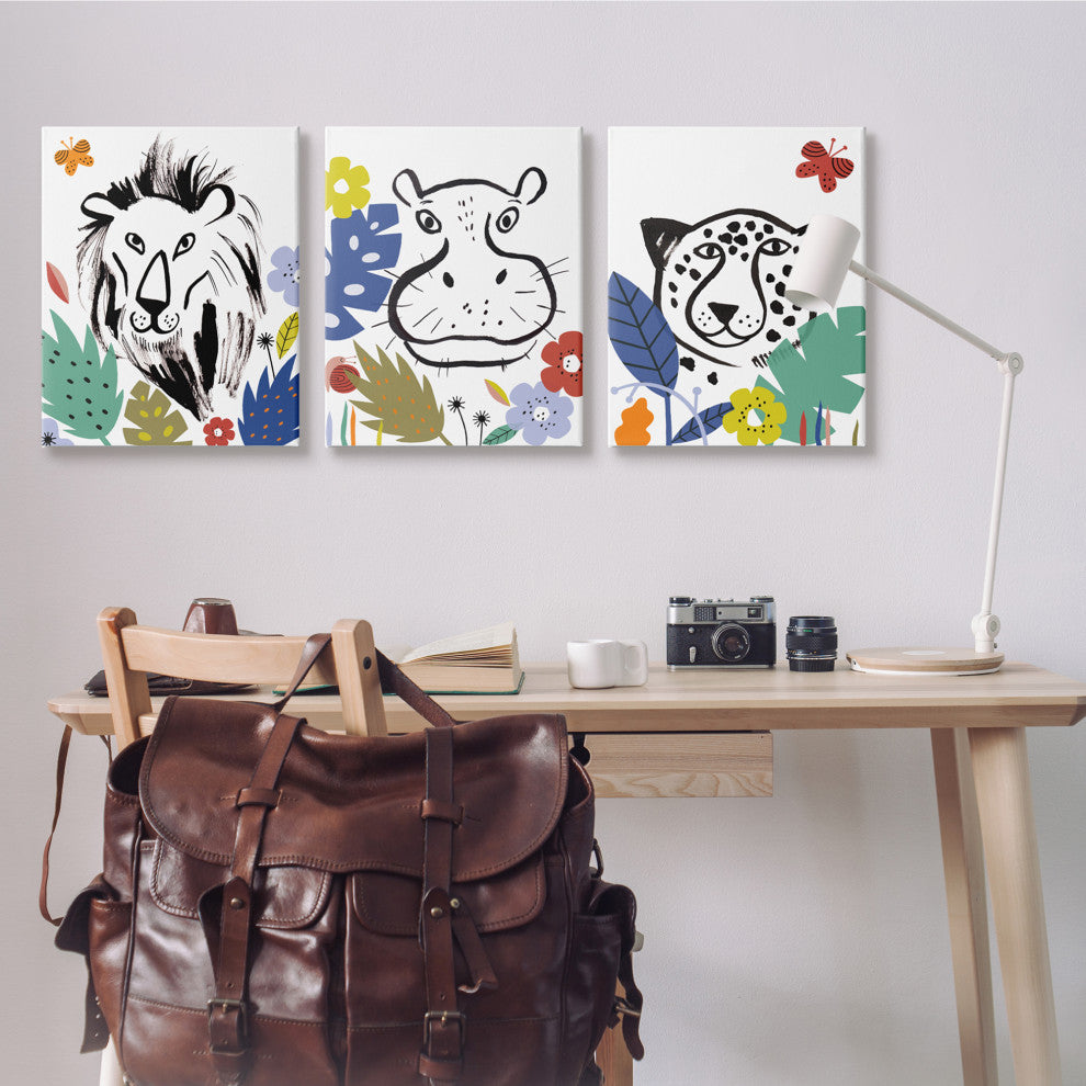 Jungle Animal Kingdom Colorful Kids Pet Illustration, 3pc, each 24 x 30