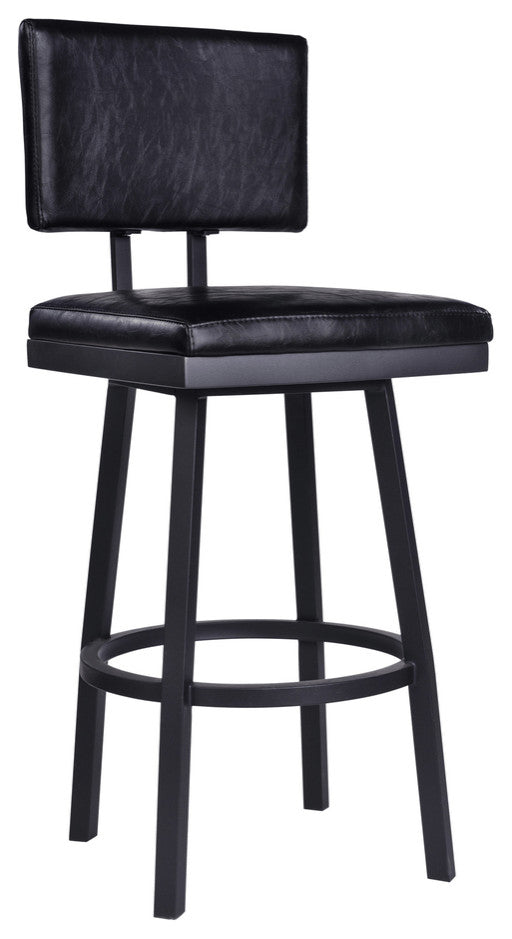 26" Vintage Black on Black Faux Leather Rectangular Swivel Armless Bar Stool