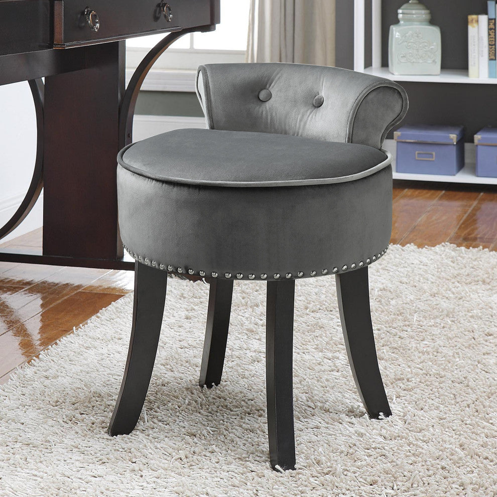 Ludovic Velvet Contemporary Nailhead Trim Rolled Back Vanity Stool, Light Gray